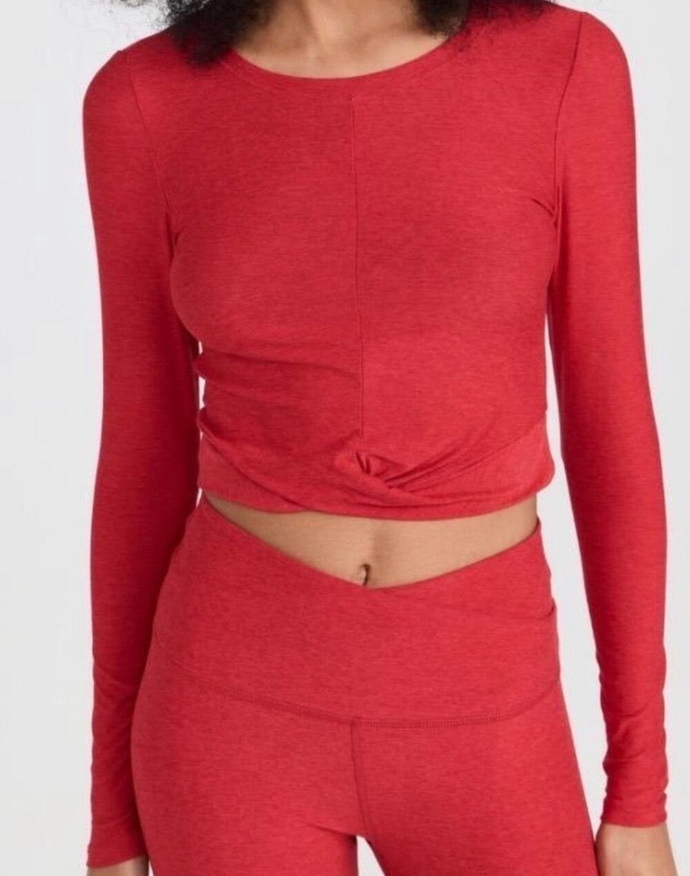 Beyond Yoga Featherweight Center Stage Crop Long Sleeve Heather Red Top-Size XL